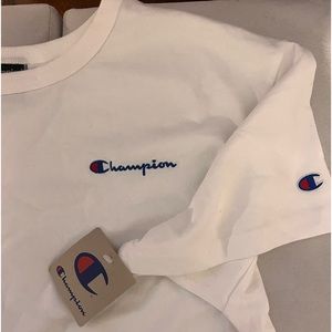 Champion Brand, cropped white tee, size large, brand new with tags